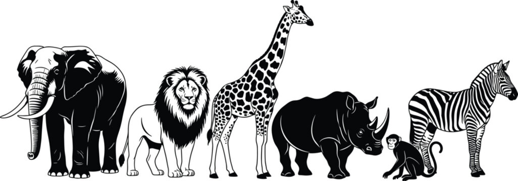 Collection of Wildlife Animal Silhouettes, Lion, Elephant, Giraffe, Rhino, Zebra, and Monkey, cad drawing flat vector illustration, Nature Fauna Silhouette.