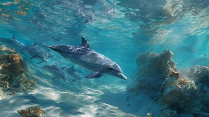 Obraz premium Underwater Scene with Dolphins Swimming Gracefully