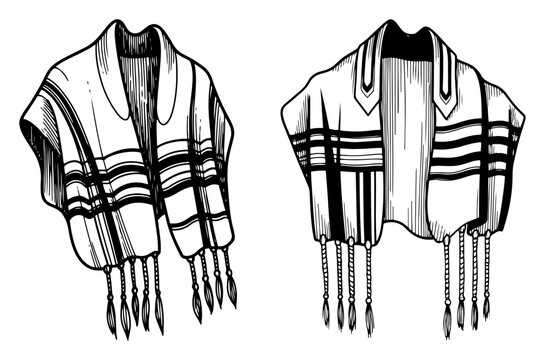 Jewish tallit prayer shawl illustrations in vintage woodcut engraving style