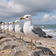 Fototapeta premium low poly sea bird. digital illustration of a flock of seagulls perched by the sea