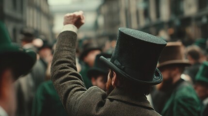 Arm raises top hat above crowd, green haze fades into background