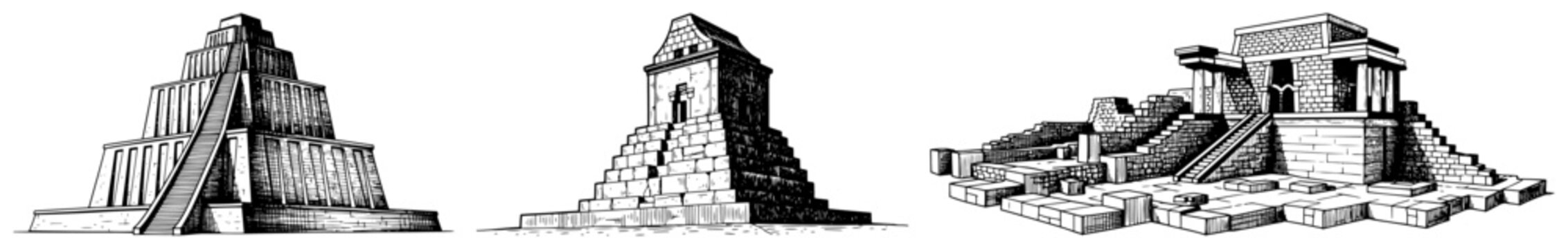 Set of ancient ziggurat pyramids in vintage hand drawn woodcut style