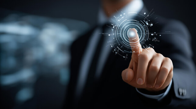 Faceless confident businessman demonstrating agility with digital interface, dynamic business solutions showcase, innovative tech with forward-thinking mindset, with copy space