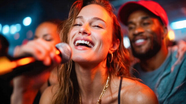 People enjoy singing karaoke at a lively bar in the evening with bright lights and music playing in the background