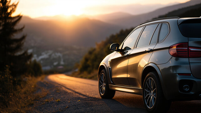 SUV car parked on a scenic mountain road in a Spanish landscape at a warm golden sunset, defocused mountain background, road travel concept, with copy space