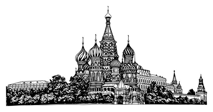 Detailed architectural sketch of Saint Basil Cathedral in Moscow in black and white engraving style