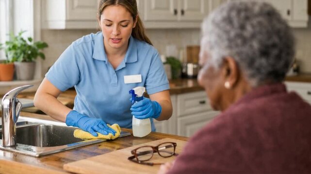 Senior support service with caregiver doing household chores
