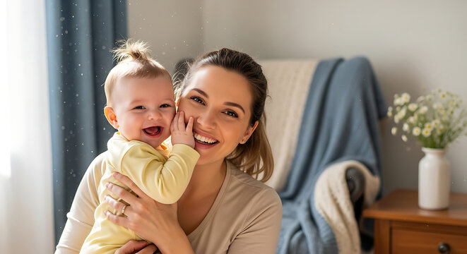 Joyful Mother and Child Moment: A heartwarming portrait of a radiant mother and her happy baby. The baby, giggling with pure delight, nestles close to mother, creating an intimate.