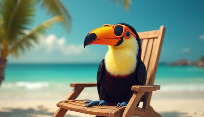 Fototapeta premium Toucan wearing orange sunglasses sits on wooden beach chair. Bird relaxes on sand by ocean, palm tree backdrop. Blue sky sea water, tropical island vacation vibe.