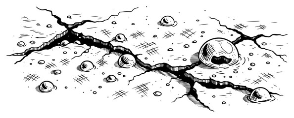 Cracked ground surface with craters and round mineral formations in vintage hand drawn style © Cristiano