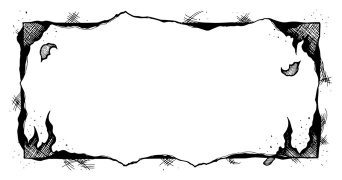 Torn paper border frame with burning flame edges in engraving style