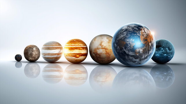 Six planets aligned in a row on a clean white background with soft reflections beneath them, astronomical concept, solar system illustration, with copy space