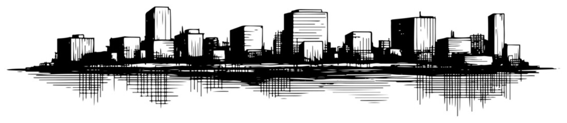 Modern city skyline silhouette with water reflection in vintage hand drawn woodcut style © Cristiano
