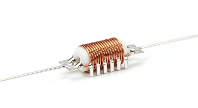 Axial lead inductor with copper wire coiled around ceramic core, electronic component isolated on white