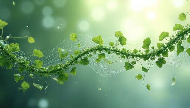 Green vine with delicate lines curves through bright soft background. Organic growth blends with abstract sound waves. Nature meets digital art, tranquil and inspiring.