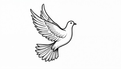 Obraz premium Stylized line art dove illustration, wings spread mid flight. Clean white background, simple graphic design. Visual bird symbol conveys peace and freedom.