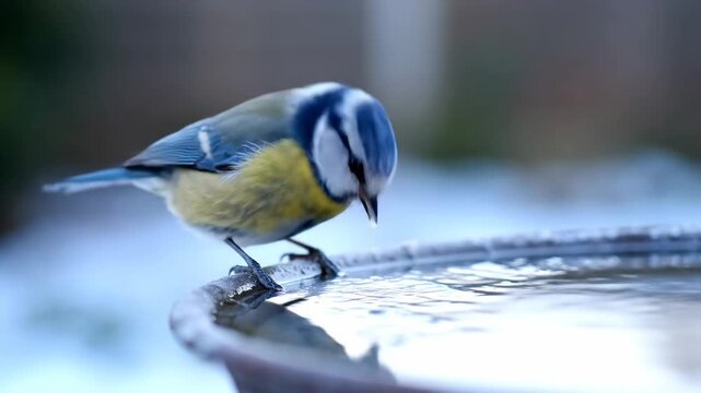 Blue Tit Bird Perched on Birdbath Drinking Water in Nature.