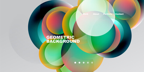 Obraz premium Abstract colorful circles overlap, creating dynamic visual effect. Text includes geometric background, navigation options visible.