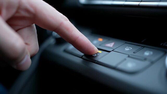 Close-up of a finger pressing a button in a car interior.