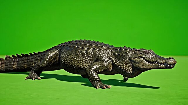 Dark green alligator toy, crocodile figurine, green background, reptile model, plastic animal