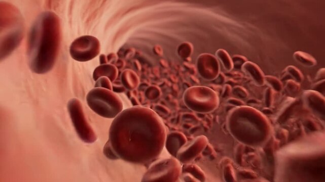 Red blood cells flowing through a vein, bloodstream circulation, medical animation, health concept, 3D rendered illustration