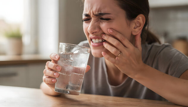 Woman suffer intense tooth ache sensitivity from cold water or beverage, hold face grimace, dental problem, discomfort, oral health, medical, pain