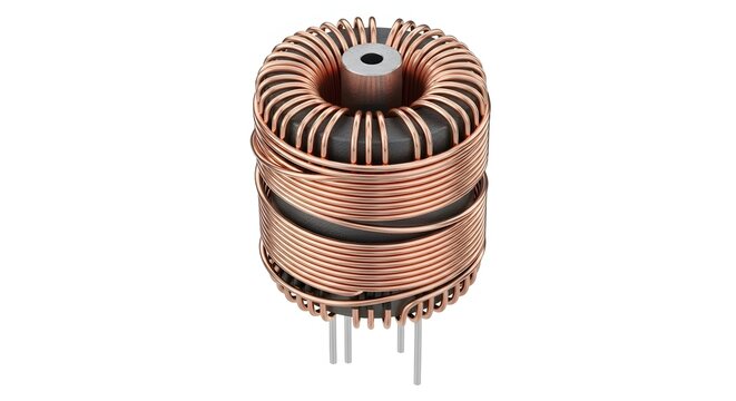 Electronic toroidal transformer inductor component with copper wire coil on white background
