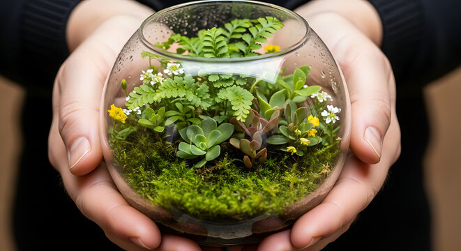 Miniature ecosystem: A person tenderly cradles a glass terrarium, a miniature ecosystem flourishing within, showcasing a vibrant display of life, representing nature.