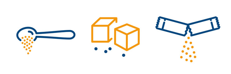 Fototapeta na wymiar sugar icons, set icon of spoon sugar, ripped packet and sugars crystals, outline editable stroke