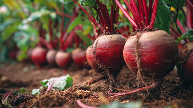 Fresh organic beetroots with vibrant green leaves growing in soil in a cultivated field. Beet planting in the plantation. Sustainable agriculture. Food production, healthy eating. Summer warm sunlight