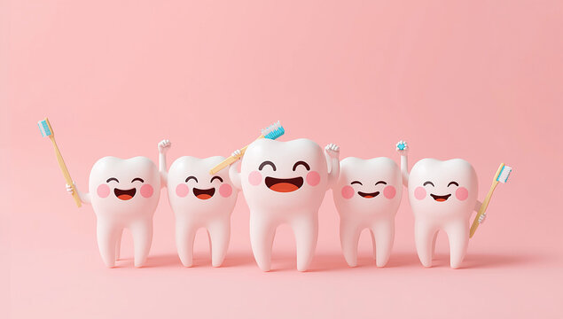 Group of cute smiling teeth characters on pastel background, concept of oral hygiene, healthy teeth, dental care and positive healthcare community