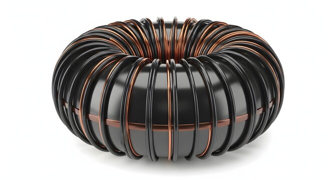 Close up of toroidal inductor with copper wire winding on black core