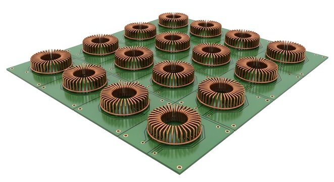 Array of toroidal inductors mounted on green circuit board