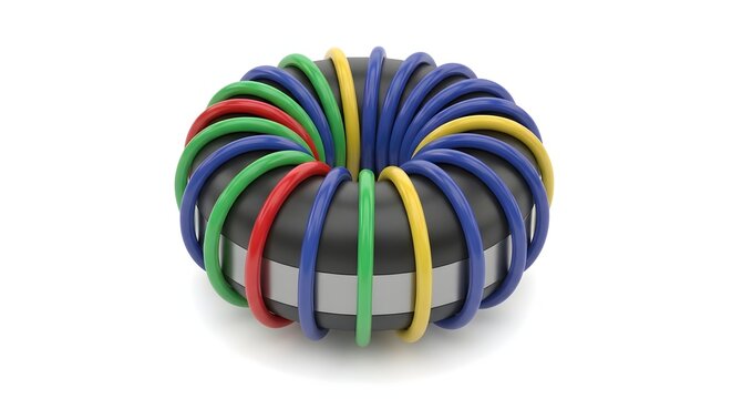 Colorful toroidal inductor with blue red green yellow windings on black core