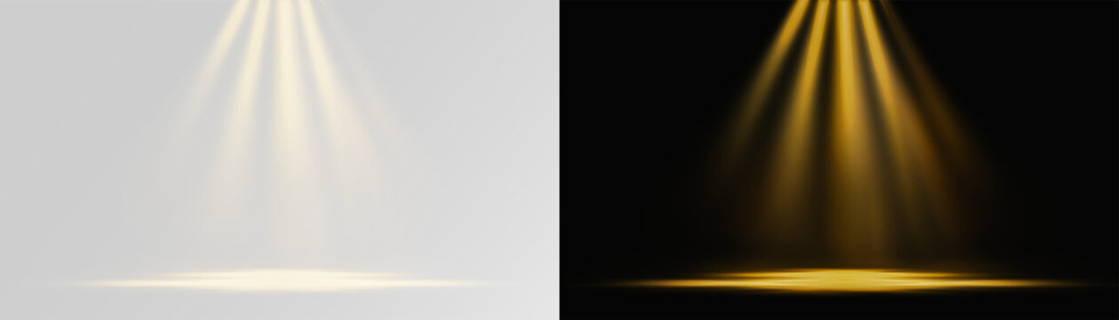 Spotlight stage light effect, realistic golden beam rays and glowing floor projection, overlay light effect png