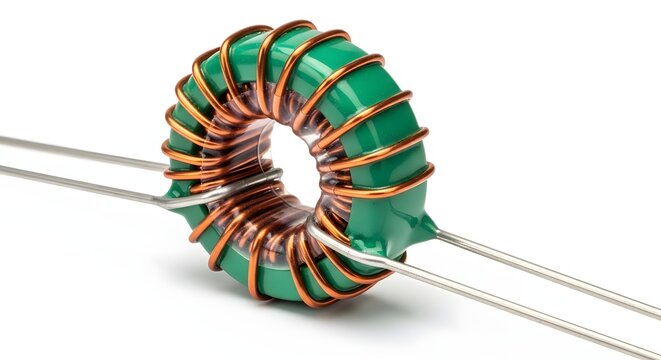 Toroidal inductor coil with green ferrite core and copper winding on white background