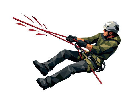 Low-poly vector illustration of a climber performing a rope rescue maneuver, single climber with sharply faceted anatomy and