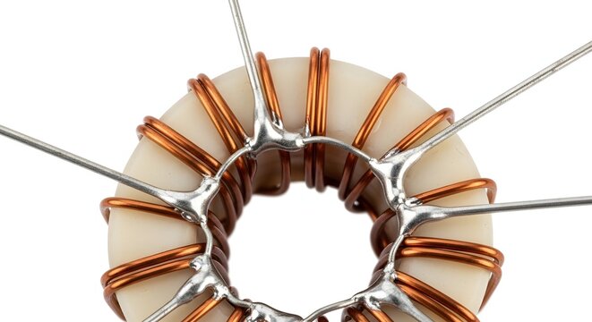 Top view of a white toroid inductor with soldered copper wire windings