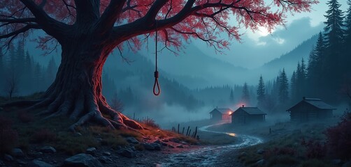 Naklejka premium Gloomy forest scene with old tree and hanging noose. Mist covers mountains and small wooden cabins. Red light emanates from trees and windows. Spooky atmosphere.
