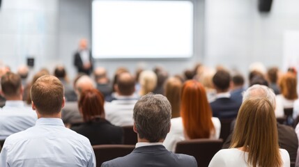 Fototapeta premium Audience from behind attending a business conference or seminar with a speaker on stage. Corporate education, training, and professional development event.