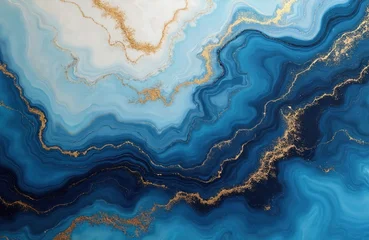 Handdoek met foto Kristal Abstract fluid art features swirling layers of deep blue light blue, white colors accented with veins of gold glitter. Organic shapes resemble marble agate creating luxurious, dynamic visual texture  © Maryna