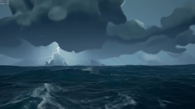 Dramatic ocean scene with stormy weather and lightning strikes in the sky.