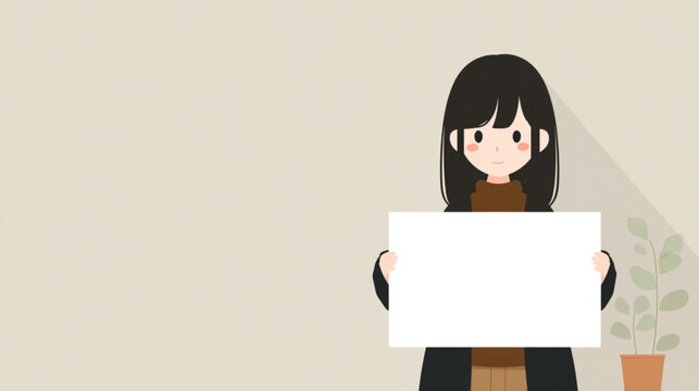 Woman Holding Blank White Sign Board.