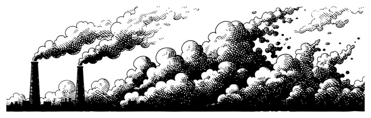 Industrial factory chimneys emitting heavy clouds of smoke in vintage engraving style © Cristiano