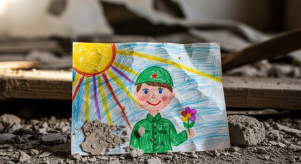 Child's Drawing of a Soldier Holding a Flower Under the Sun