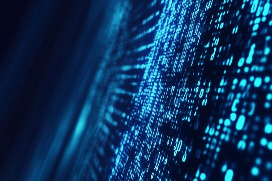 Digital abstract background shows falling binary code in blue tones illustrating a technological theme and data flow