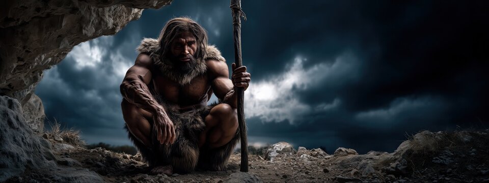 Un Homme pr&eacute;historique tenant une lance, assis sur le sol devant une grotte, v&ecirc;tu de fourrure, ciel sombre et orageux en arri&egrave;re-plan, vue panoramique.