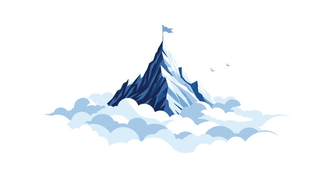 Stylized mountain peak with a victory flag at the top rising above soft blue clouds representing success, achievement, and ambitious goals.