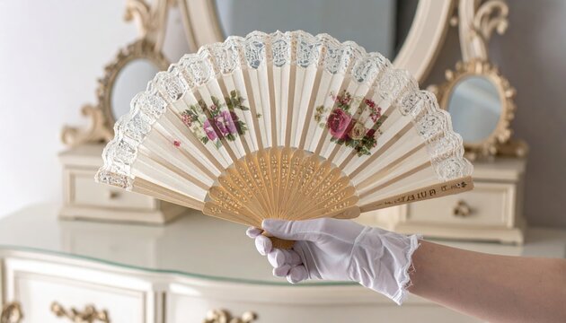 Elaborately Carved Ivory Fan with Delicate Lace Inlays and Painted Floral Scenes Held by a Gloved Hand