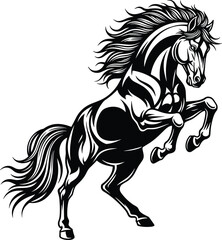 Rearing horse stallion silhouette isolated on white, cad drawing flat vector illustration, powerful equestrian mascot, black line art animal graphic.